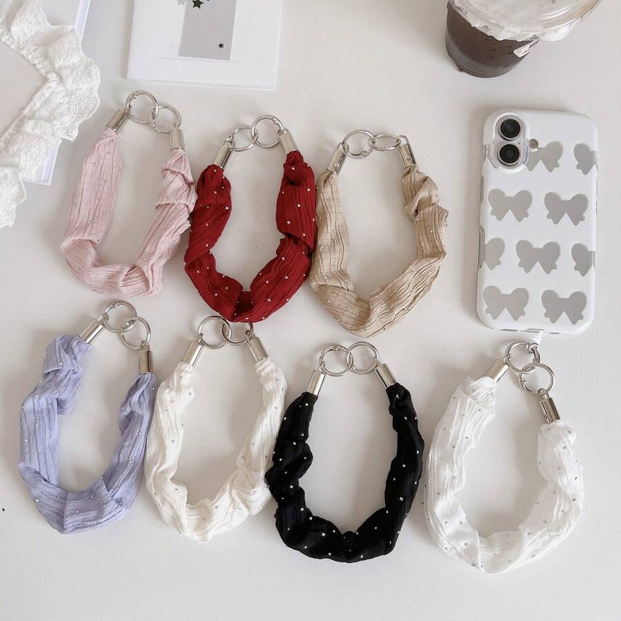 1pc Solid Color Pleated Fabric Phone Wrist Lanyard Shiny Rhinestone Twisted Hand Strap Anti-Lost Phone Charm Keychain With Double Metal O Rings - Multicolor - View 1