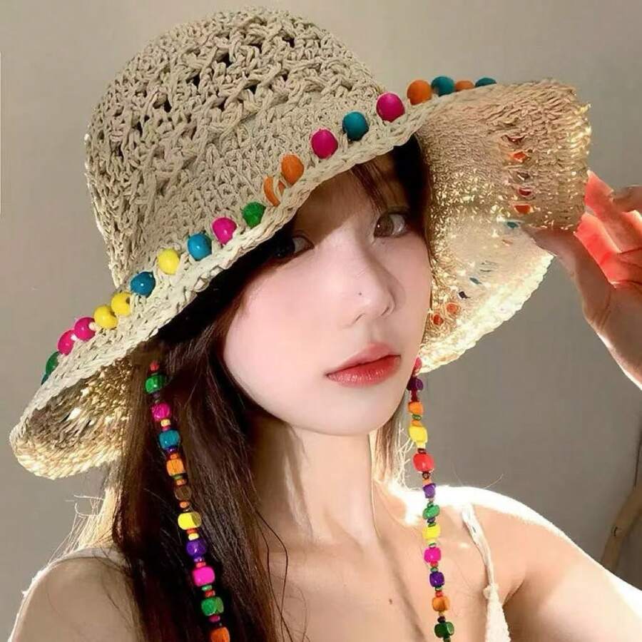 1pc Versatile Breathable Colorful Wooden Bead Straw Hat For Women, Hollow Out Wide Brim Sun Protection Hat, Foldable Bucket Hat - A - View 1