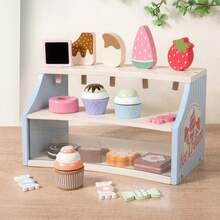 1 Set 3-Tier Wooden Ice Cream Dessert Shop Toy Display Rack With Realistic Ice Cream, Paper Cup, Cake, Candy Full Accessories, Girls Dessert Shop Role Play Pretend Play Set - Multicolor - View 3