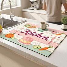 1 pieza Tapete absorbente para secar platos, tapete para cafetera, patrón de tema de cocina rosa lindo, protector de mesa antideslizante recortable, tapete decorativo de estilo pan, pastel y zanahoria, decoración de cocina - XYLSD701 - Ver 4