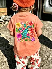 Soft And Breathable Round Neck Short Sleeve Casual T-Shirt For Little Girls, Suitable For Daily Wear And Vacation - Coral Orange - View 2