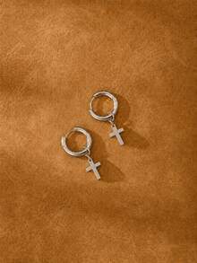 1pair Stainless Steel Cross Hoop Earrings For Women Men Minimalist Huggie Earrings Gold Color Dangle Drop Earrings Punk Gothic Jewelry - Cross - View 4