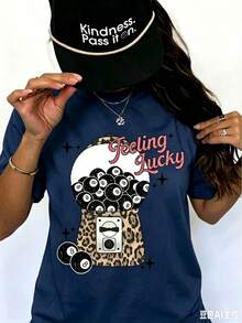 Feeling Lucky Cherry Graphic T-Shirt For Women, Casual Short Sleeve Crew Neck Printed Tee, Aesthetic Y2K Summer Top, Holiday Vacation Spring Festival - 藏青色 - 查看 18