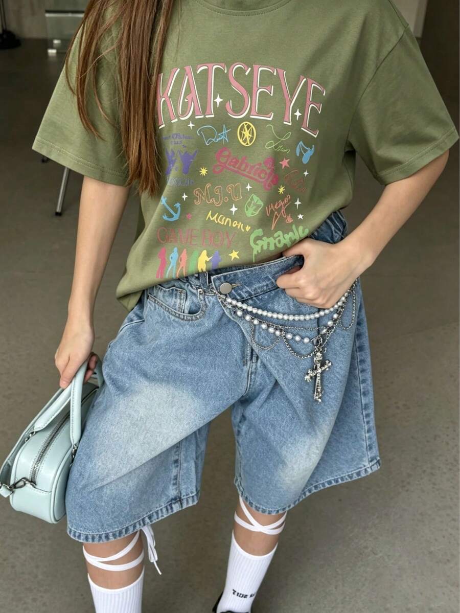 Tween女孩1件印花套頭短袖T恤,學生幼童夏季上衣 - 橄欖綠 - 查看 1