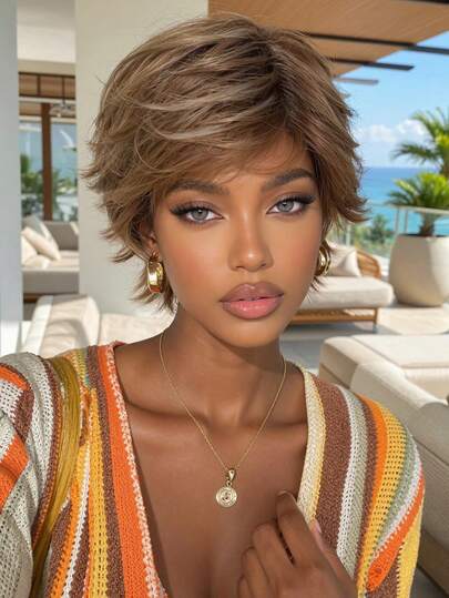 Brown Highlight Pixie Cut Wig For Women, Extra Short Layered Synthetic Wig With Side Bangs, Natural-Looking Fluffy Hair For Daily Wear, Party, Cosplay & Music Festival