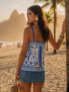 CAJUNI Women Floral Print Casual Boho Versatile Daily Wear Camisole Top Beach Vacation White Summer - Multicolor - View 4