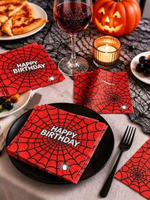 24pcs Halloween Spider Web Cocktail Napkins, Red Spider Web Disposable Cocktail Napkins, Theme Party Cocktail Disposable Paper Napkins, Spider Web And Spider Pattern Napkins, Holiday Birthday Decoration Decorative Dinner Napkins - A - View 2