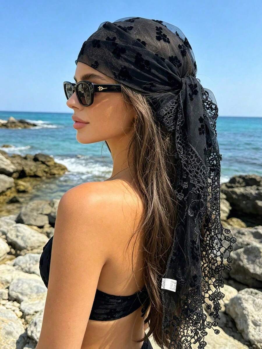 1pc Bohemian Style Lace Triangle Headscarf, Vintage French Mesh Scarf, Beach Vacation Decoration - Multicolor - View 1