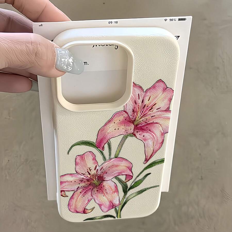 1件白色磨砂極簡鏡頭保護水彩粉色百合花紋手機殼,適用於 iPhone 16 Pro Max/17/16/15/14 Plus/13/12/11/Air 及系列 - 彩色 - 查看 1
