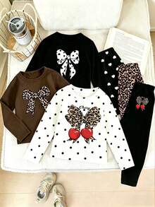 Random 6pcs/Set Girls Casual Fashion Cute Bow, Polka Dot, Heart, Leopard Print Long Sleeve And Leggings Set, School, Back To School Comfortable Daily Wear - Multicolor - View 2