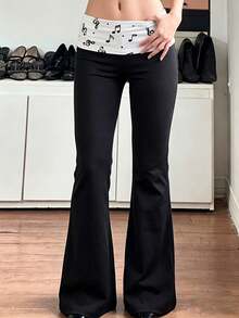 Fall Y2K Contrast Waist Flare Pants, Black Low Rise Bell Bottom Trousers With White Music Note Printed Fold Over Waistband, Slim Stretchy Casual Pants - Black - View 1