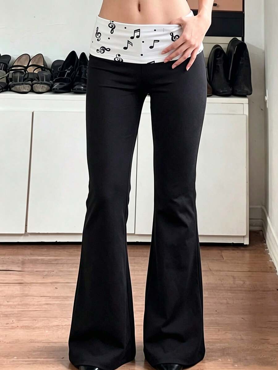 Fall Y2K Contrast Waist Flare Pants, Black Low Rise Bell Bottom Trousers With White Music Note Printed Fold Over Waistband, Slim Stretchy Casual Pants - Black - View 1