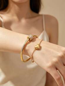 2PCS Fashionable Elegant Style Geometric Glass Bracelet/Heart-Shaped Stainless Steel Bracelet Jewelry Set For Women, Suitable For Daily Wear/Valentine's Day Gift - Yellow Gold - View 4