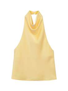 Spring/Summer Solid Color Satin Halter Backless Top Yellow - Yellow - View 3
