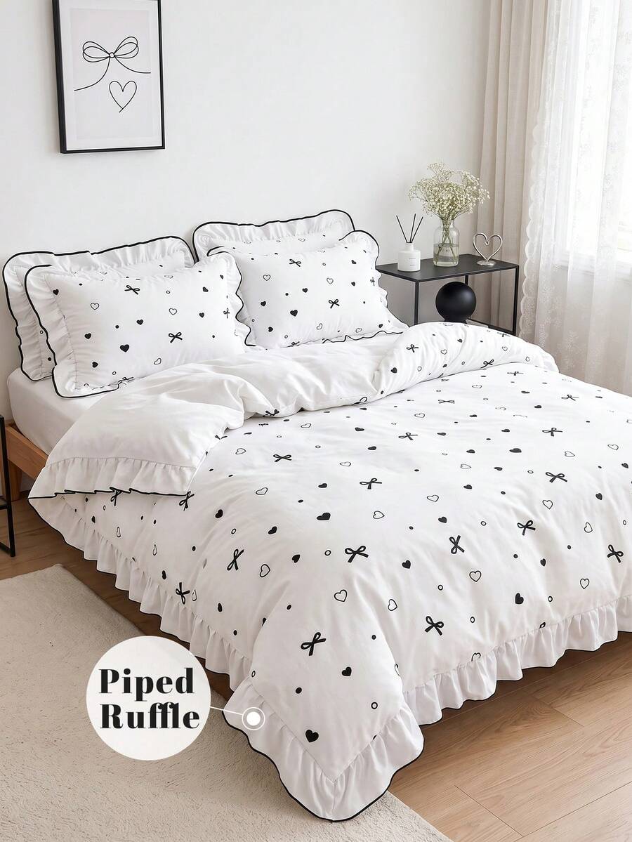 2/3pcs Piped Ruffled Duvet Cover Set, Dorm Bedding, Butterflies & Hearts Bedding Set, Cozy Room Decor, Skin-Friendly & Breathable, Supersoft& Anti-Pilling, No Insert, Fits Twin Full King Queen, All Seasons, Machine Washable, Back To School