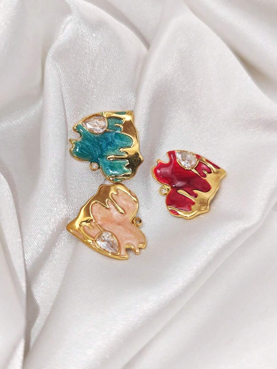 10pcs Fashion Versatile Stainless Steel Drip Oil Heart-Shaped Rhinestone Pendant, 18k Gold Vacuum Plated, DIY Earring Bracelet Necklace Jewelry Accessories - Multicolor - View 1