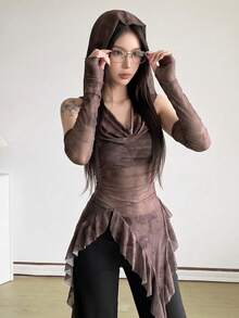 Top Dazzle Fashion Women's Hooded Knit Top, Asymmetrical Hem, Contrast Mesh Sleeves, Perfect For Creating A Look - Brown - View 4