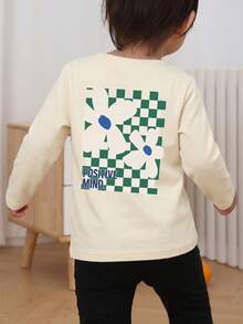 1pc Boys Korean Style Checkerboard Daisy Long Sleeve T-Shirt, Reversible Design With POSITIVE MIND Print, Cream Color, Unisex Kids Spring Autumn Top - Apricot - View 2