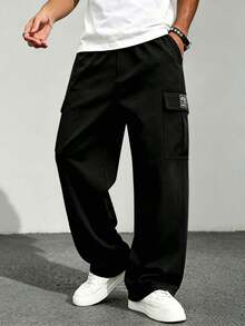 1pc Men's Casual Sports Cargo Pants, Loose Straight Leg Fit, Good Drape, Suitable For Home And Outdoor Activities, Also As A Couple Gift. Made Of 100% Polyester Fabric, Equipped With Drawstring Waistband For Easy Adjustment, Multiple Colors Available. - Black - View 4