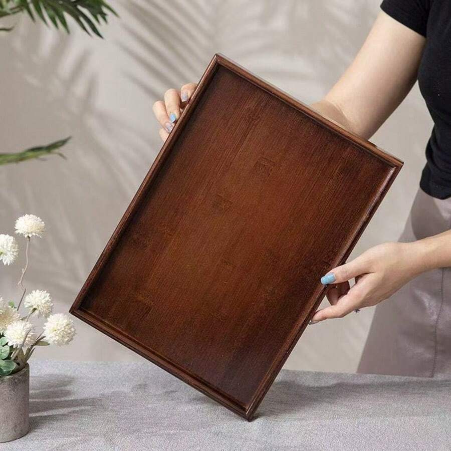 1pc Bamboo Rectangular & Round Tray, Home Dessert Tray, Hotel Restaurant Coffee Tray, Tea Tray, Fruit, Sushi, Steak, Bread, Pastry Solid Wood Display Tray, Transparent Texture Coaster - Walnut - View 1