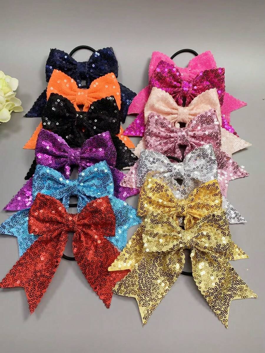 2pcs Children's Sequin Scalloped Edge Bow Hair Ties, Suitable For Daily Use, Multiple Colors Available - Multicolor - View 1