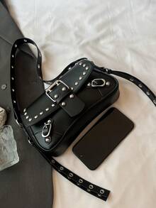 Y2K Fashion Retro Punk Style Rivet Small Square Bag Women's Shoulder Underarm Bag - Black - View 7