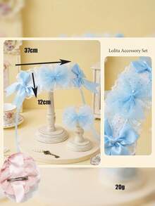 2pcs Girls Blue Lace Trim Headband + Sequin Mesh Bow Wrist Flower Set, Soft Sweet Style Teenager Hair Accessories, Birthday Party, Daily Wear, Cute Decorative Hair Accessories - 2PCS - View 4