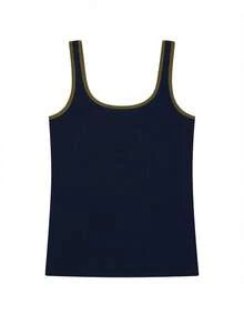Contrast Trim Slimming Cropped American Style Camisole Tank Top Innerwear Casual Summer - Navy Blue - View 3