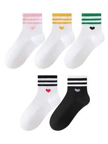 ZUJO 5 Pairs Women's College Style Mid-Calf Socks, Heart Stripe Pattern Short Socks Sports Socks, Simple And Comfortable, Suitable For All Seasons - Multicolor - View 5