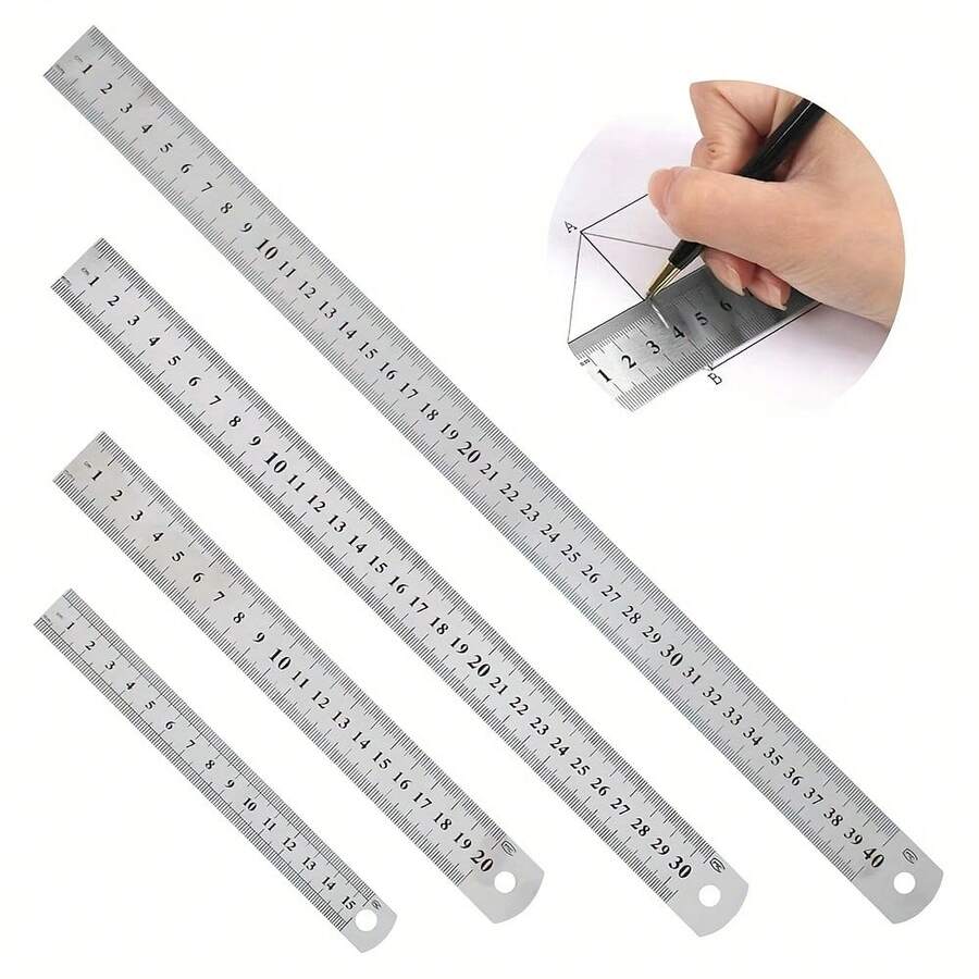 4件組金屬尺套裝，4種尺寸不鏽鋼尺 15cm(6in) 20cm(8in) 30cm(12in) 40cm(16in) 雙刻度公制與英制，測量工具金屬鋼尺，適用於教學、辦公、繪圖、工程 (One Size=15cm, One Size 1=20cm, One Size 2=30cm, One Size 3=40cm, One Size 4=15cm+30cm, One Size 5=15cm+40cm)