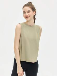 Leorrey 1 buah Atasan Tank Top Olahraga Wanita Model Pendek Leher Bulat Tanpa Lengan dengan Detail Kerut di Bagian Bawah, Longgar, Lembut, dan Nyaman - Hijau - View 5