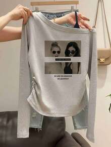 Women's Spaghetti Strap Cold Shoulder Long Sleeve Top, Character Print Side Drawstring, Ruched Cinched Waist Sexy T-Shirt - Light Grey - View 1