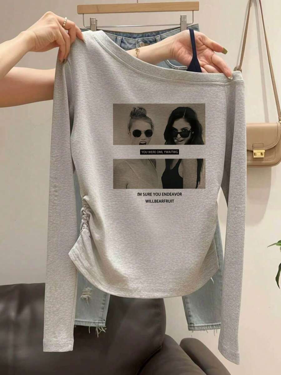 Women's Spaghetti Strap Cold Shoulder Long Sleeve Top, Character Print Side Drawstring, Ruched Cinched Waist Sexy T-Shirt - Light Grey - View 1