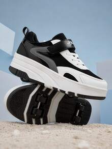 1 Paar Kinder Magic Hook Design 4-Räder Rollschuhe, abnehmbare Dual-Use dicke Sohle Low-Top Mesh süße Sport Rollschuhe, Kindergeschenk - Schwarz und Weiss - Übersicht 7