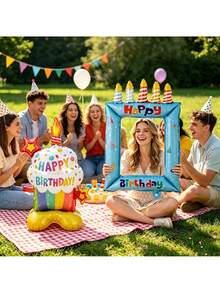 2pcs Blue Happy Birthday Print Colorful Candles Birthday Cake Photo Frame Balloon Base Birthday Cake Balloon Set Suitable For Birthday Party Decoration Props - Blue Candle Cake Photo Frame - View 3