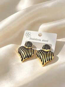 1/5 Pairs Set 304 Stainless Steel Vertical Striped Oil Drop Shell Elegant Stud Earrings, Hypoallergenic Non-Fading Vintage Heavy-Duty Women's Eye-Catching Accessories, Daily Commute Date Gift Earrings - Multicolor - View 8