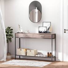 HOMCOM Consola para Recibidor Mueble para Recibidor Estilo Industrial con Cajones y Estructura de Acero para Entrada Pasillo 120x30x81,5 cm Roble - roble y negro - Ver 2