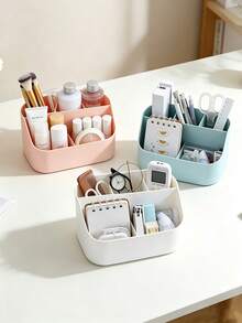 1pc Squishy‑Texture Desktop Storage Box, Solid Plain Color, Multi‑Grid Partition, Minimalist Modern Style, Back To School, Autumn‑Winter Daily Use, Women Students, Bedroom Vanity, Office Desk, Dorm, Organize Cosmetics, Statio - Multicolor - View 2