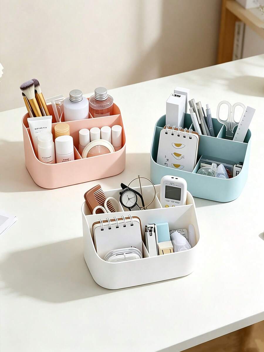 1pc Squishy‑Texture Desktop Storage Box, Solid Plain Color, Multi‑Grid Partition, Minimalist Modern Style, Back To School, Autumn‑Winter Daily Use, Women Students, Bedroom Vanity, Office Desk, Dorm, Organize Cosmetics, Statio