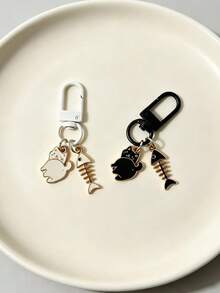 1pcCute Cat Fish Bone Keychain Black White Couple Bag Charm Cartoon Pendant Gift For Girls - Multicolor - View 2