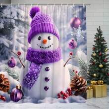 Christmas Snowman Shower Curtain Cute Purple Snowman Xmas Ball Snow Winter Holiday Fabric Bathroom Decor Set With Hooks, 70" WX70 H - Purple White - View 2