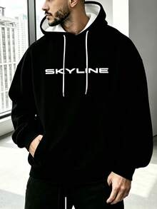 Plus Size Men's Letter Graphic Hooded Casual Daily Long Sleeve Sweatshirt - Black - View 2