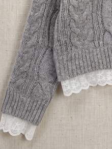 Sweater Rajut Kabel Leher V dengan Hiasan Renda - Pullover Longgar yang Nyaman untuk Musim Gugur, Cocok untuk Gaya Kasual Sehari-hari dan Kampus di Musim Gugur - Grey - View 10