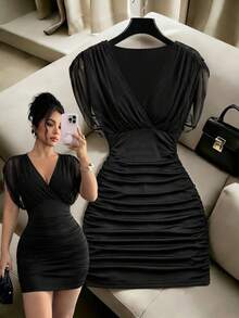 abyoxi Women's Black Mesh Patchwork, Criss-Cross V-Neck, Ruched Cinched Waist, Cap Sleeve Mini Dress, Sexy Elegant, Young Hot, Spicy Girl, Party, Date, Formal Dinner, Summer Fall Bodycon Short Dresses - Black - View 1