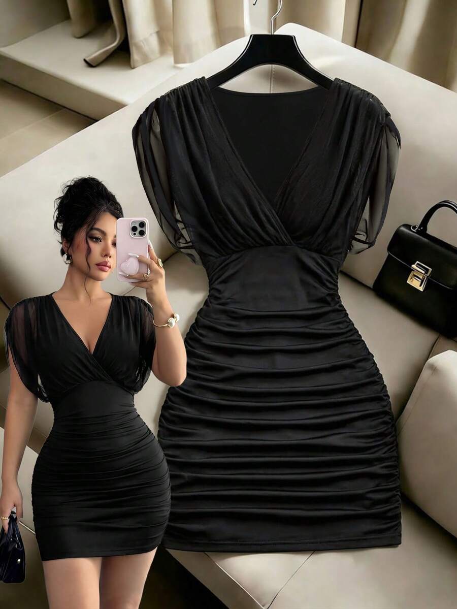abyoxi Women's Black Mesh Patchwork, Criss-Cross V-Neck, Ruched Cinched Waist, Cap Sleeve Mini Dress, Sexy Elegant, Young Hot, Spicy Girl, Party, Date, Formal Dinner, Summer Fall Bodycon Short Dresses - Black - View 1
