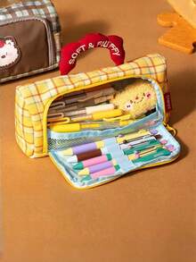 1pc Soft Handle Plaid Print Pencil Case, Large Capacity Stationery Storage Bag, Durable Thickened Fabric Zipper Portable Pencil Pouch, Layered Compartment Design Can Hold Ruler, Neutral Pen, Eraser, Highlighter, Compass And Other Writing Tools, Gentle Healing Cute Animal Pattern With Multiple Color Options, Suitable For Students, Teenagers, Office Workers, Travelers - Multicolor - View 6