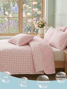 2/3pcs Pink Fresh Plaid Bedding Set (1pc Bed Cover + 1/2pcs Pillowcases), Minimalist Design, Multi-Functional, Modern Minimalist Polyester Fabric, Soft And Comfortable, Suitable For Master Bedroom And Guest Bedroom - Multicolor - View 3
