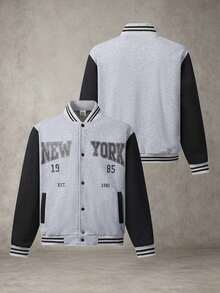 Men's Grey Color Block Varsity Jacket, NEW YORK Letter Print Striped Rib Cuff Button Front Loose Retro Outerwear, Versatile Stylish Casual Sportswear Suitable For Men's Daily And Autumn/Winter Outdoor Sports - Light Grey - View 2