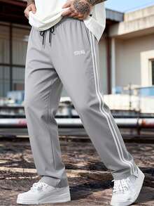 Men's Elastic Waist Colorblock Sports Long Pants, Spring/Autumn Fashion Back Pocket Design Straight Leg Casual Pants - Light Grey - View 3