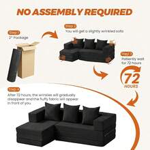 6-In-1 Boneless Couches L-Shaped Modular Sectional Sofa| Cloud Couch Sectional & Tri-Folding Mattress| Corduroy Pet-Friendly Convertible Sofa Bed With 800LB Capacity Apartment, Guest Room JMLS - Black - View 9